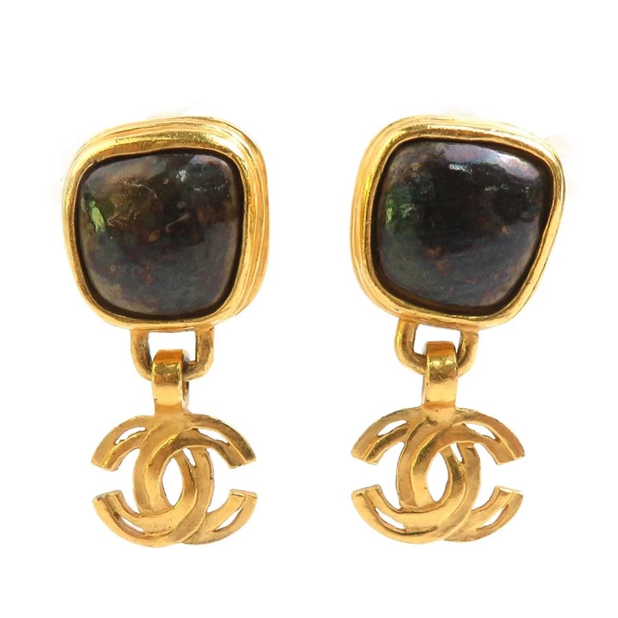 CHANEL COCO MARK METAL STONE GOLD EARRINGS: CHANEL Coco Mark Metal Stone Gold Earrings Brand: Chanel Type/Style: Earrings Material: Metal Purity , Metal None, Color: gold Size: Top width: approx. 1.7cmTop length: approx. 3.7cm Accessories: