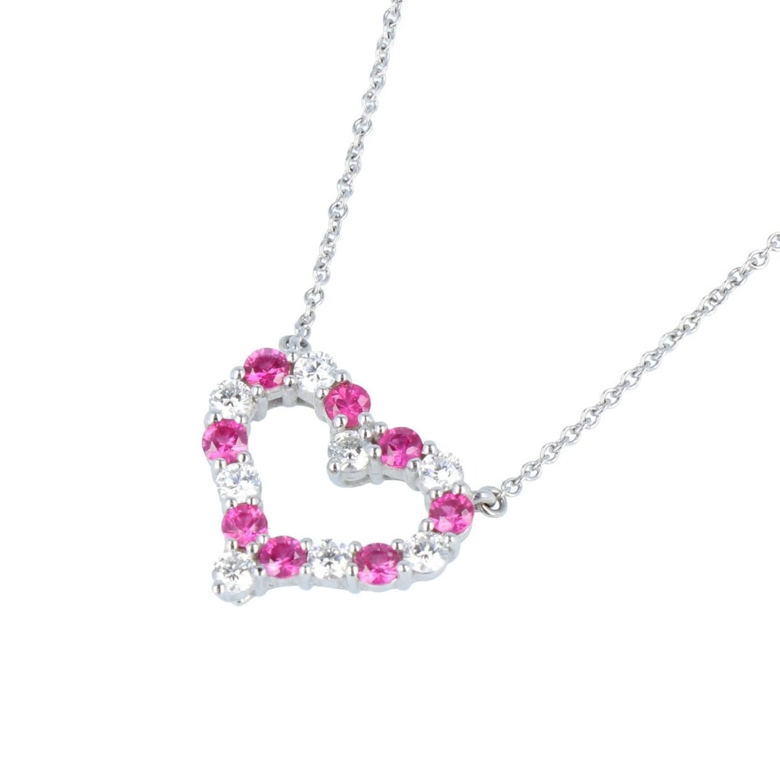 TIFFANY SENTIMENTAL HEART NECKLACE DIAMOND PINK SAPPHIRE: Tiffany Sentimental Heart Necklace Diamond Pink Sapphire Brand: Tiffany & Co. Type/Style: Necklace Material: Metal Purity Pt950, Metal Pt950, Main Stone/Creation Natural Color: Platinum Size: