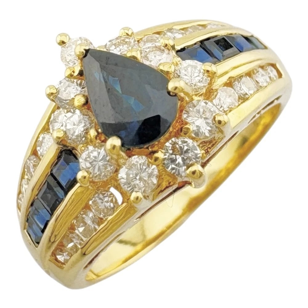 RING K18 GOLD SAPPHIRE DIAMOND DROP: Ring K18 gold sapphire diamond drop Brand: Unbranded Type/Style: Ring Material: K18 yellow gold, Main Stone/Creation sapphire Color: gold Size: US 4 3/4 Accessories: None Accessories Notice: