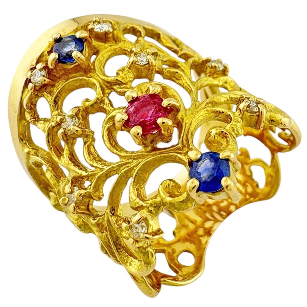 RING K18 YELLOW GOLD RUBY SAPPHIRE: Ring K18 yellow gold Ruby sapphire Brand: Unbranded Type/Style: Ring Material: K18 yellow gold, Main Stone/Creation Ruby Color: gold Size: US 7 3/4 Accessories: None Accessories Notice: Wh