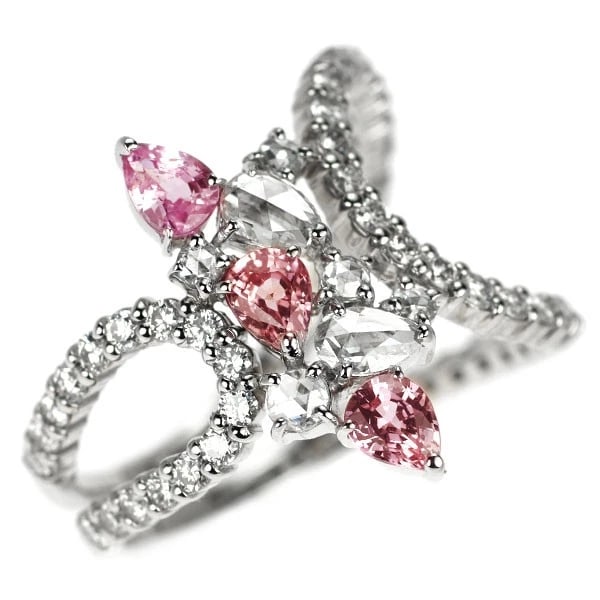 PT900 PINK SAPPHIRE ROSE CUT/ROUND DIAMOND RING: Pt900 pink sapphire rose cut/round diamond ring Brand: None Type/Style: Ring Material: Metal Purity 900, Metal Platinum, Main Stone/Creation sapphires Color: None Size: 6.25 - 6.5 US 