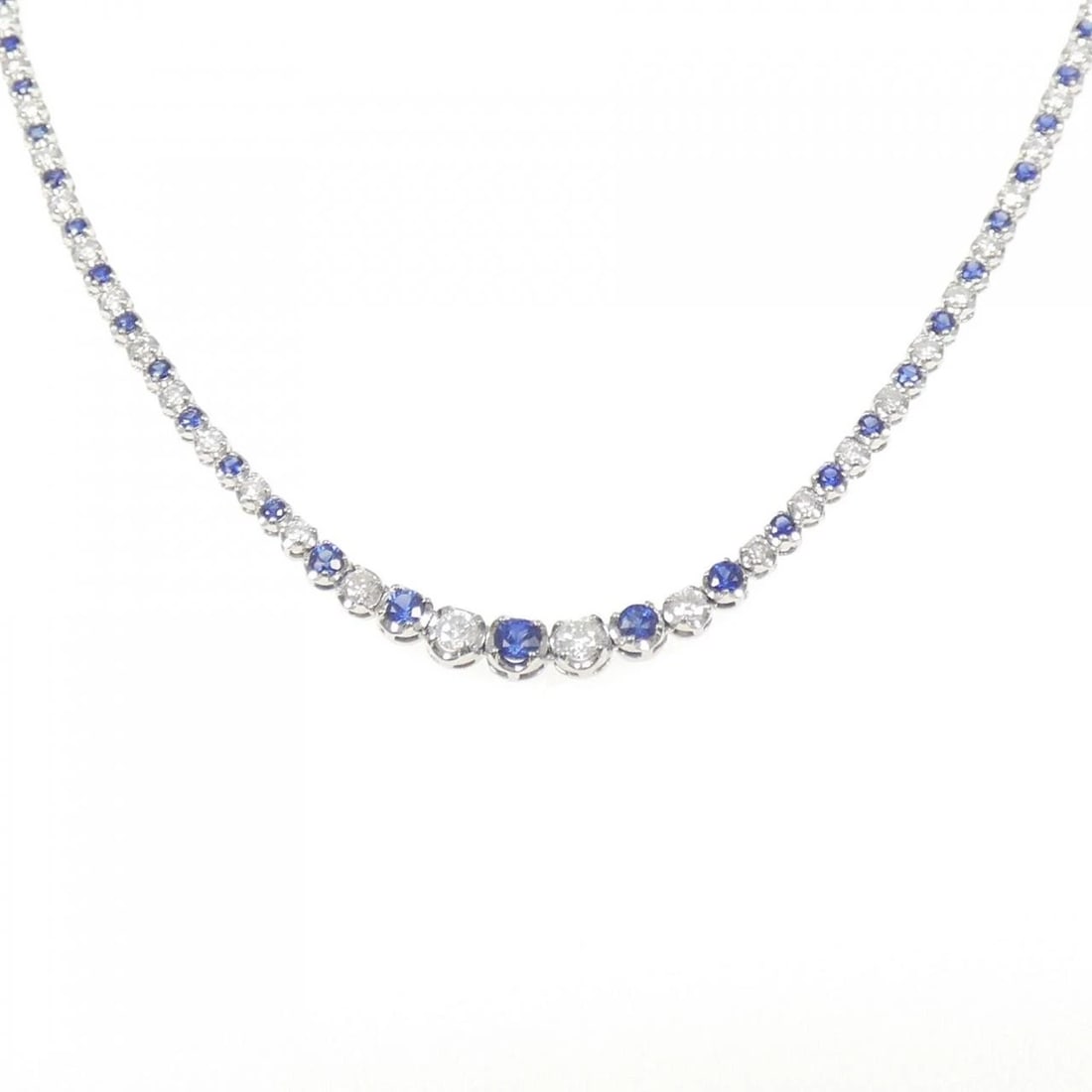 PT850 SAPPHIRE NECKLACE: PT850 Sapphire Necklace Brand: Unbranded Type: Sapphire Necklace Material: PT850, Main Stone/Creation Sapphire Secondary Stone Natural Color: Platinum Size: Actual Size Chain maximum width