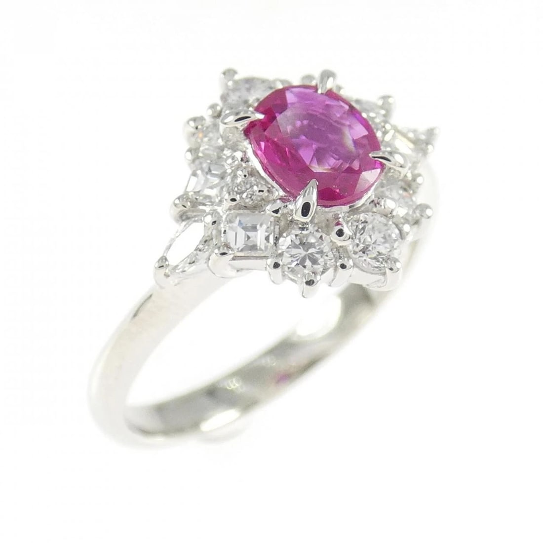 PT900 RUBY RING: PT900 Ruby Ring Brand: Unbranded Type: Ruby Ring Material: Platinum900, Main Stone/Creation RubySecondary Stone Natural Color: Platinum Size: US 4 1/4 Accessories: None Accessories Notice: