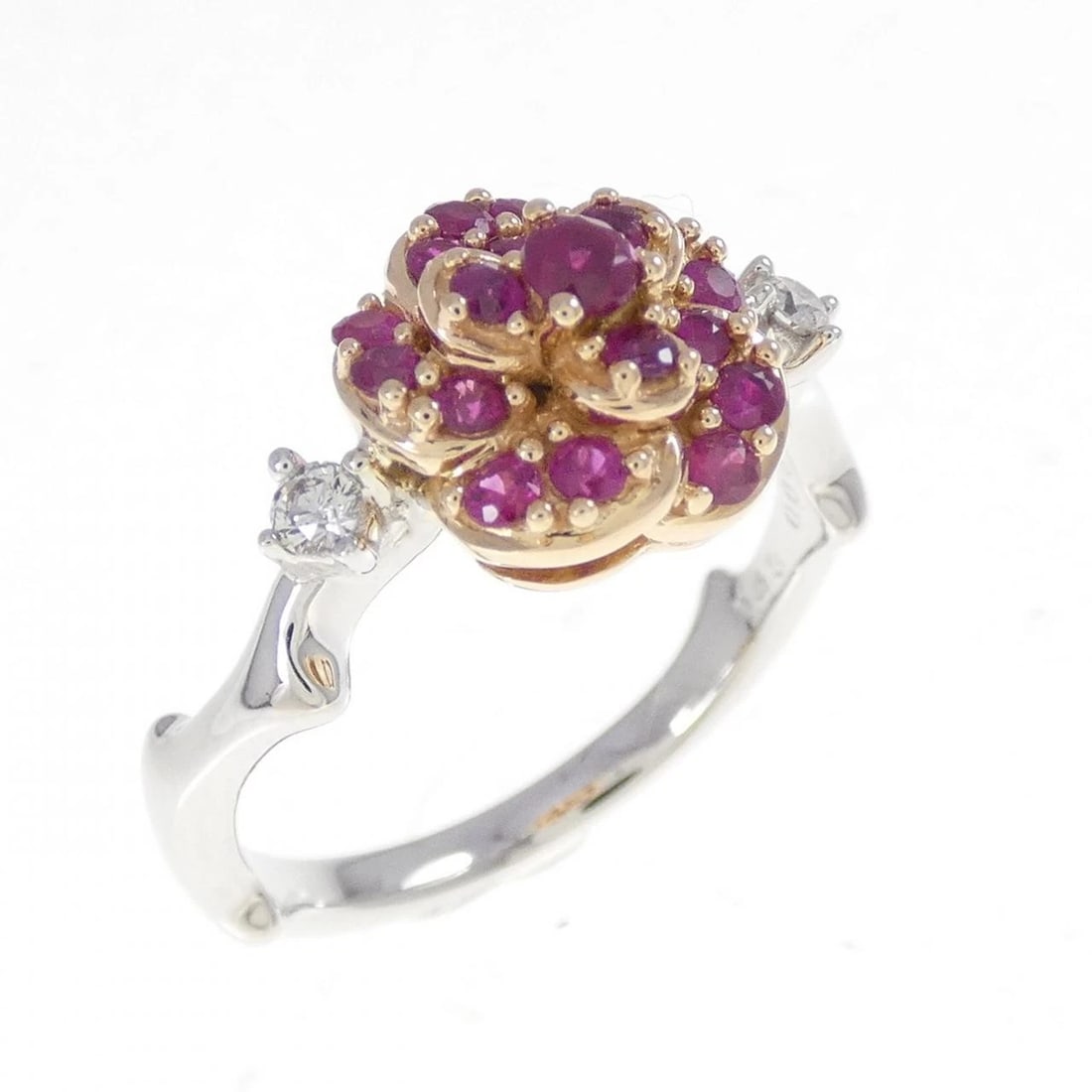 K18WG/K18PG ROSE RUBY RING: K18WG/K18PG Rose Ruby Ring Brand: Unbranded Type: Ruby ring Material: K18WG/K18PG, Main Stone/Creation RubySecondary Stone Natural Color: White Goldpink gold Size: US 5 1/4 Accessories: None
