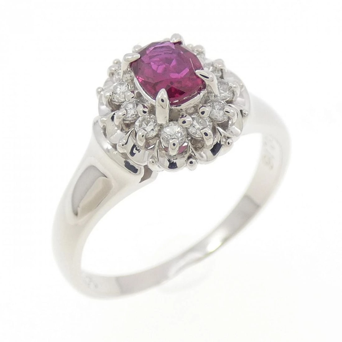 PT900 RUBY RING: PT900 Ruby Ring Brand: Unbranded Type: Ruby Ring Material: Platinum900, Main Stone/Creation RubySecondary Stone Natural Color: Platinum Size: US 5 3/4 Accessories: None Accessories Notice: