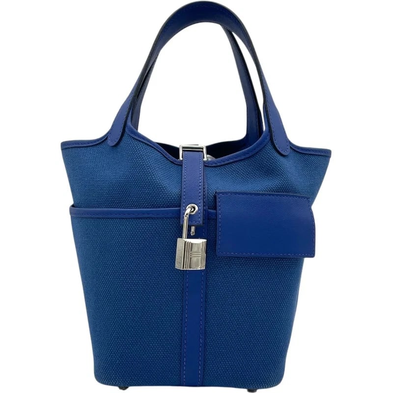 HERMES PICOTIN LOCK PM CARGO U STAMP BLUE SHW TOILE: Hermes Picotin Lock PM Cargo U Stamp Blue SHW Toile Brand: HERMES Type: Handbag Material: Toile Color: Blue SV Hardware Size: W: 18cm / H: 18cm / D: 14cm Accessories: None Accessories Notice: