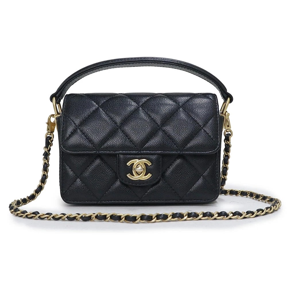 CHANEL MATELASSÉ HANDLE MINI BLACK: CHANEL Matelassé Handle Mini Black Brand: CHANEL Type: Handbag Material: Caviar Skin Color: Black Size: W:16cm x H:11cm x D:4cm Handle:25cm Accessories: None Accessories Notice: When purch