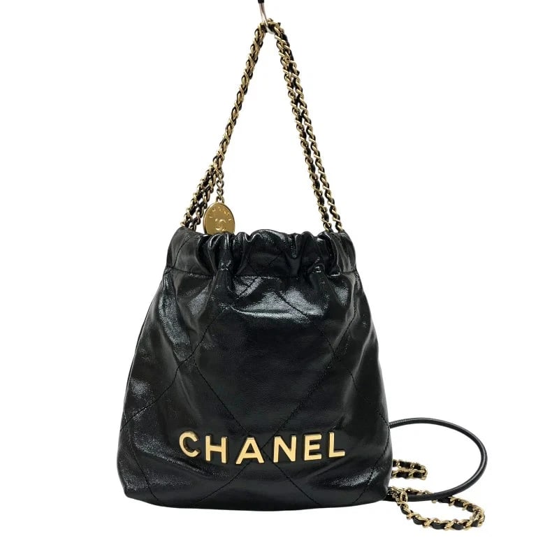CHANEL 22 MINI BAG BLACK GHW SHINY CALF SHOULDER BAG: CHANEL 22 Mini Bag Black GHW Shiny Calf Shoulder Bag Brand: CHANEL Type: Handbag Material: Shiny Calfskin Color: Black / GD Hardware Size: W: 20cm / H: 20cm / D: 6cm / Shoulder: 120cm Accessories