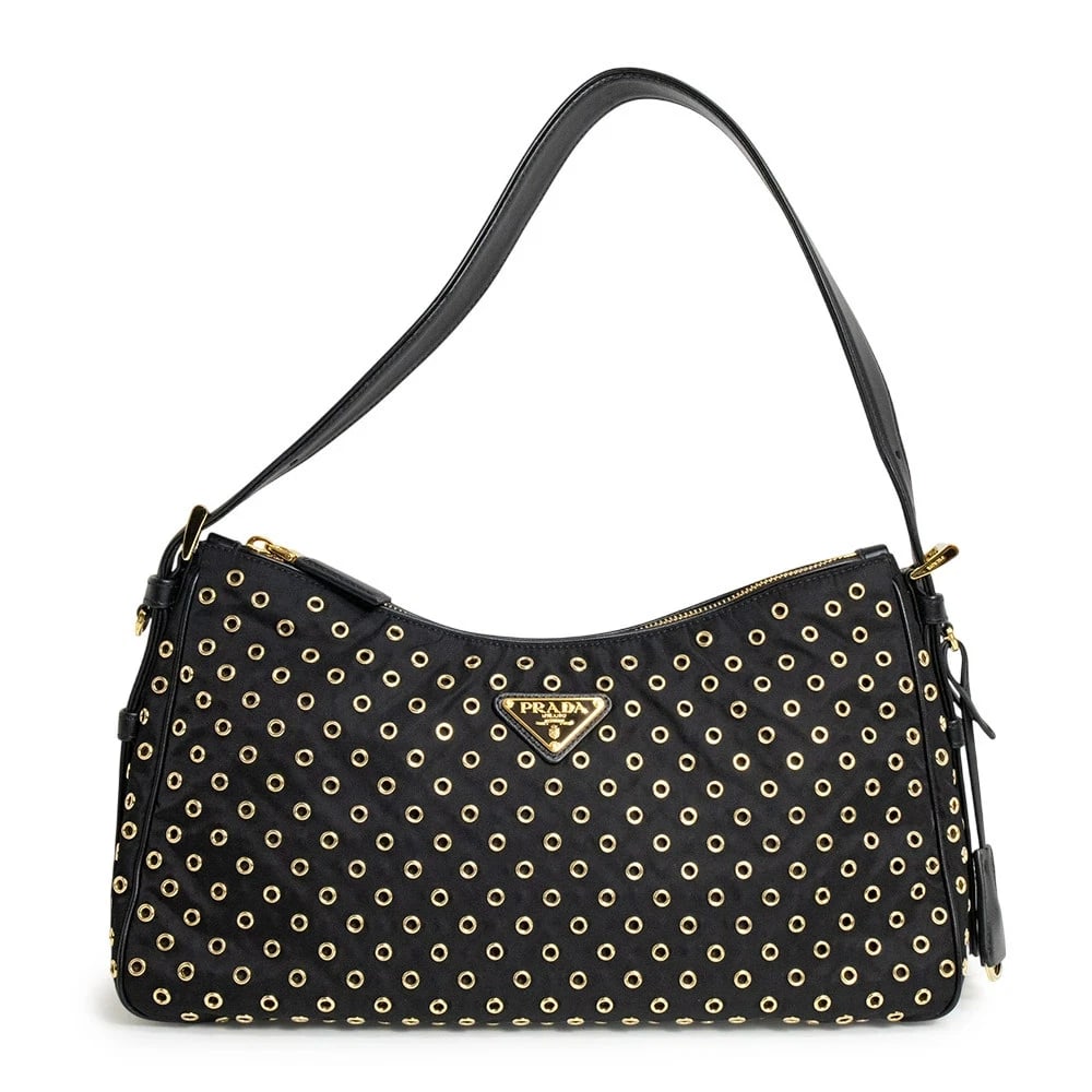 PRADA BLACK SHOULDER BAG: PRADA Black Shoulder Bag Brand: PRADA Type: Handbag Material: Re-Nylon (Regenerated Nylon) Color: Black Size: W: 30cm x 34cm x H: 19.5cm x D: 9.5cm Accessories: None Accessories Notice: When