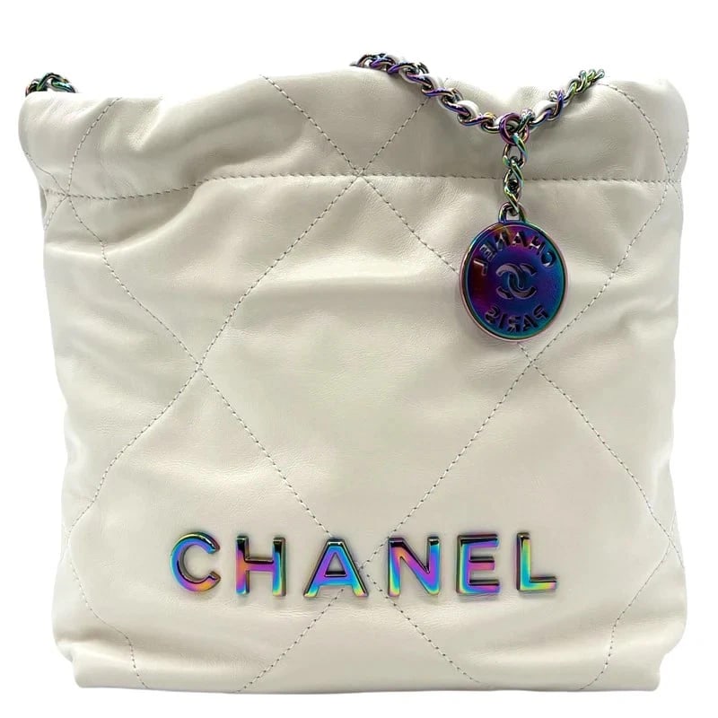 CHANEL 22 MINI WHITE RAINBOW HARDWARE CALF SHOULDER BAG: CHANEL 22 Mini White Rainbow Hardware Calf Shoulder Bag Brand: CHANEL Type: Handbag Material: Calf Color: White with rainbow hardware Size: W: 17cm / H: 18.5cm / D: 5cm Accessories: None