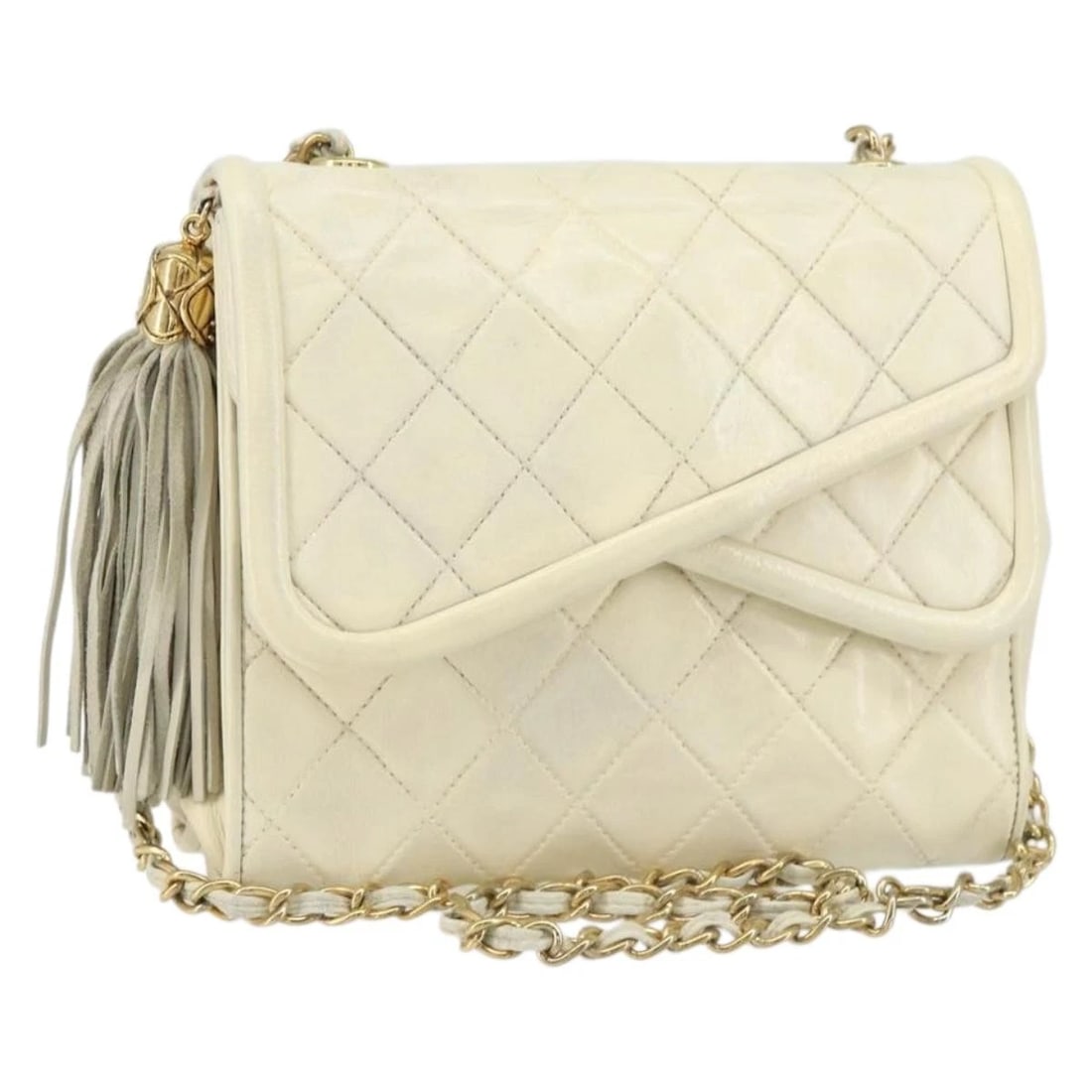 CHANEL MATELASSE CHAIN SHOULDER BAG: CHANEL Matelasse Chain Shoulder Bag Brand: CHANEL Type: Shoulder Bag Material: Lamb Skin Color: White/Gold Size: W7.5 x H6.7 x D2.4inch(Approx) Shoulder Drop:17.7inch(Approx) Accessories: None