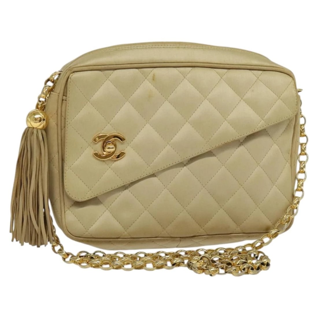 CHANEL MATELASSE CHAIN SHOULDER BAG: CHANEL Matelasse Chain Shoulder Bag Brand: CHANEL Type: Shoulder Bag Material: Satin Color: Beige/Gold Size: W8.7 x H6.3 x D2.0inch(Approx) Shoulder Drop:21.3inch(Approx) Accessories: None