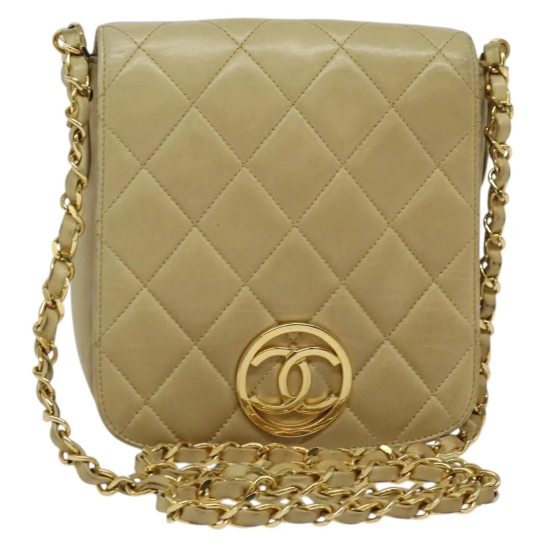 CHANEL MATELASSE CHAIN SHOULDER BAG: CHANEL Matelasse Chain Shoulder Bag Brand: CHANEL Type: Shoulder Bag Material: Lamb Skin Color: Beige/Gold Size: W5.9 x H5.9 x D2.0inch(Approx) Shoulder Drop:20.5inch(Approx) Accessories: None