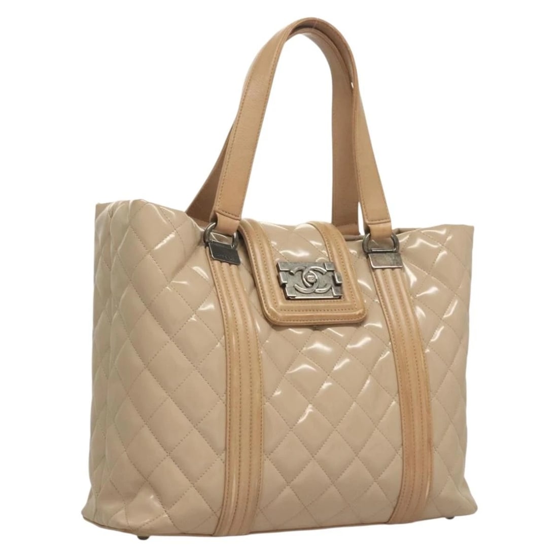 CHANEL MATELASSE BOY CHANEL HAND BAG PATENT: CHANEL Matelasse Boy Chanel Hand Bag Patent Brand: CHANEL Type: Hand Bag Material: Patent Leather Color: Beige Size: W13.0 x H10.2 x D4.3inch(Approx) Handle Drop:7.1inch(Approx) Accessories: None