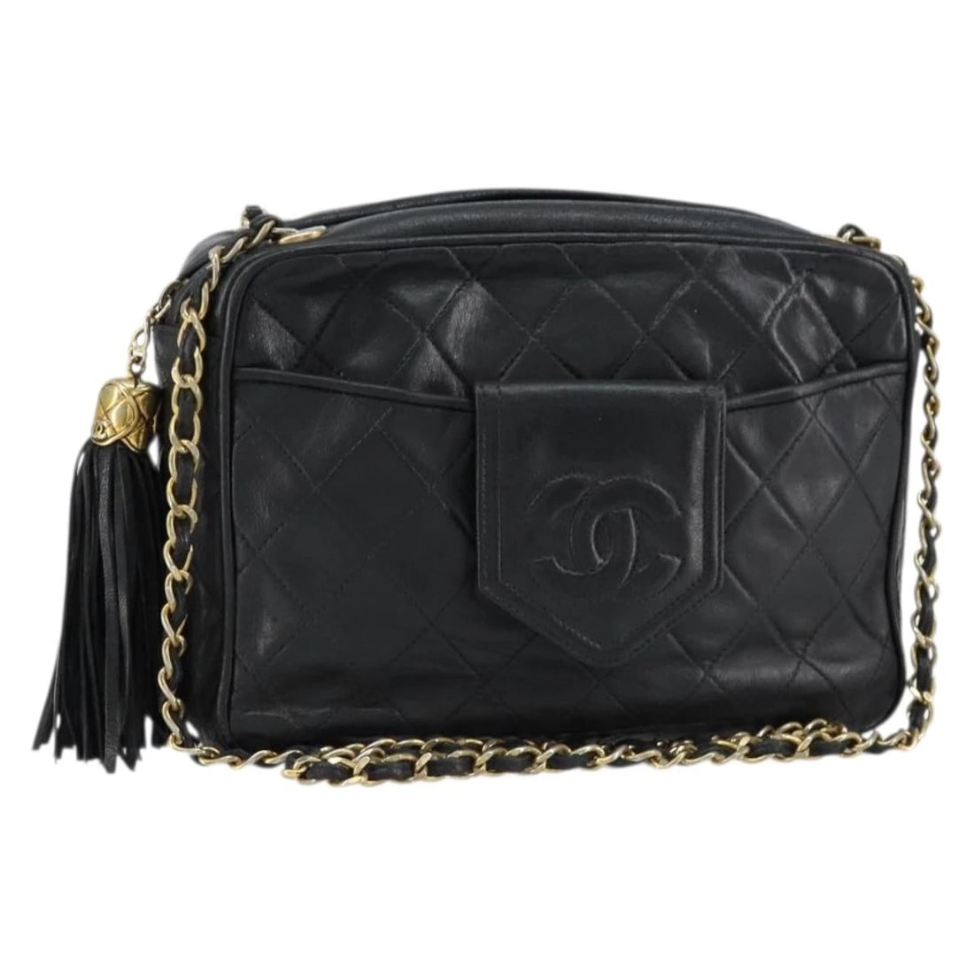 CHANEL MATELASSE CHAIN SHOULDER BAG: CHANEL Matelasse Chain Shoulder Bag Brand: CHANEL Type: Shoulder Bag Material: Lamb Skin Color: Black/Gold Size: W9.1 x H5.9 x D2.4inch(Approx) Shoulder Drop:18.5inch(Approx) Accessories: None