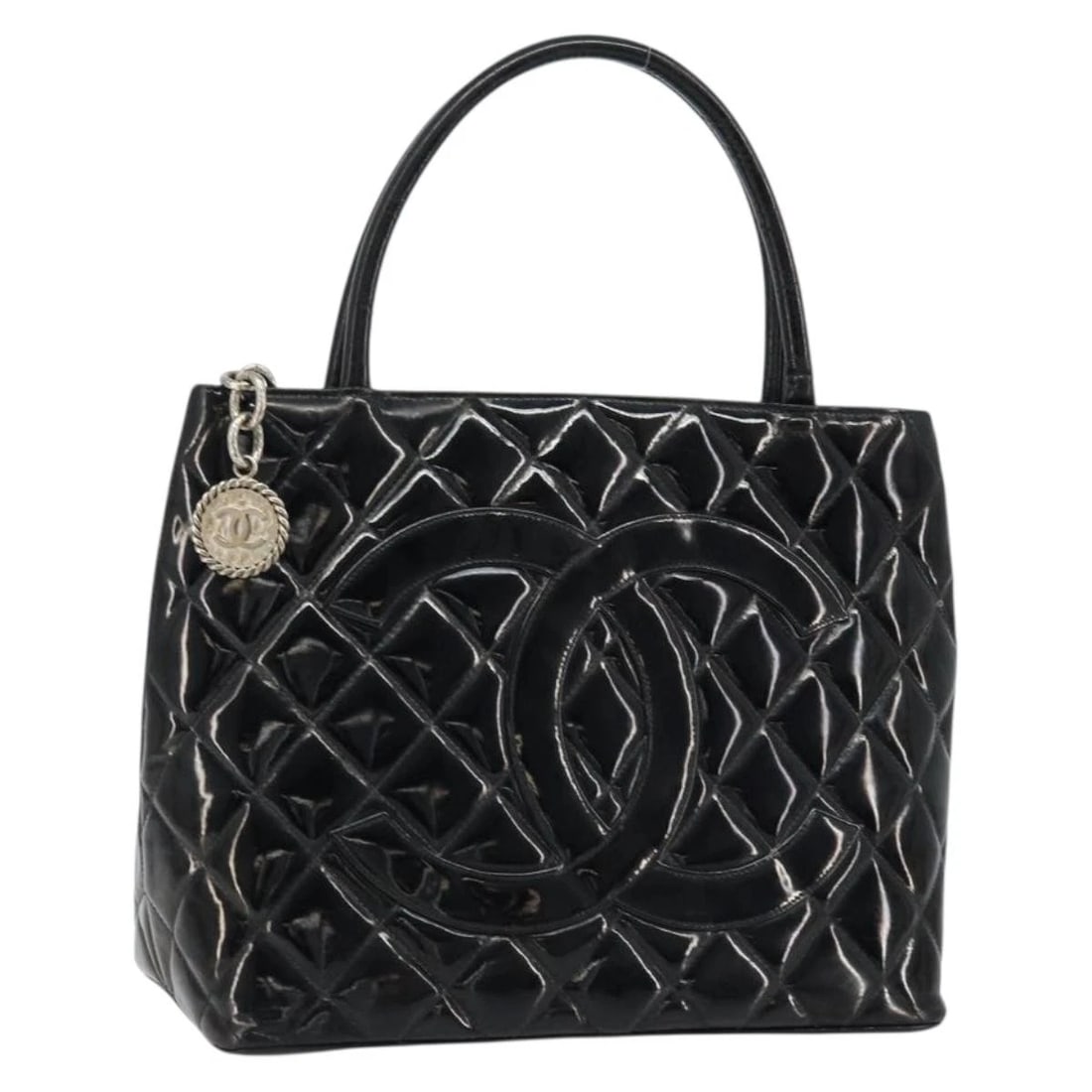 CHANEL MATELASSE REPRINT TOTE BAG PATENT LEATHER: CHANEL Matelasse Reprint Tote Bag Patent leather Brand: CHANEL Type: Tote Bag Material: Patent Leather Color: Black Size: W11.8 x H9.4 x D5.9inch(Approx) Handle Drop:5.1inch(Approx) Accessories: