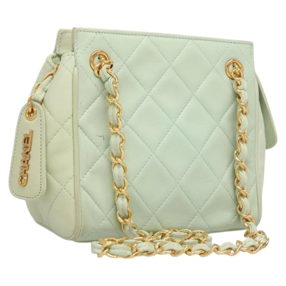 CHANEL MATELASSE CHAIN SHOULDER BAG: CHANEL Matelasse Chain Shoulder Bag Brand: CHANEL Type: Shoulder Bag Material: Lamb Skin Color: Peppermint/Gold Size: W5.9 x H4.7 x D3.1inch(Approx) Shoulder Drop:9.8inch(Approx) Accessories: Non