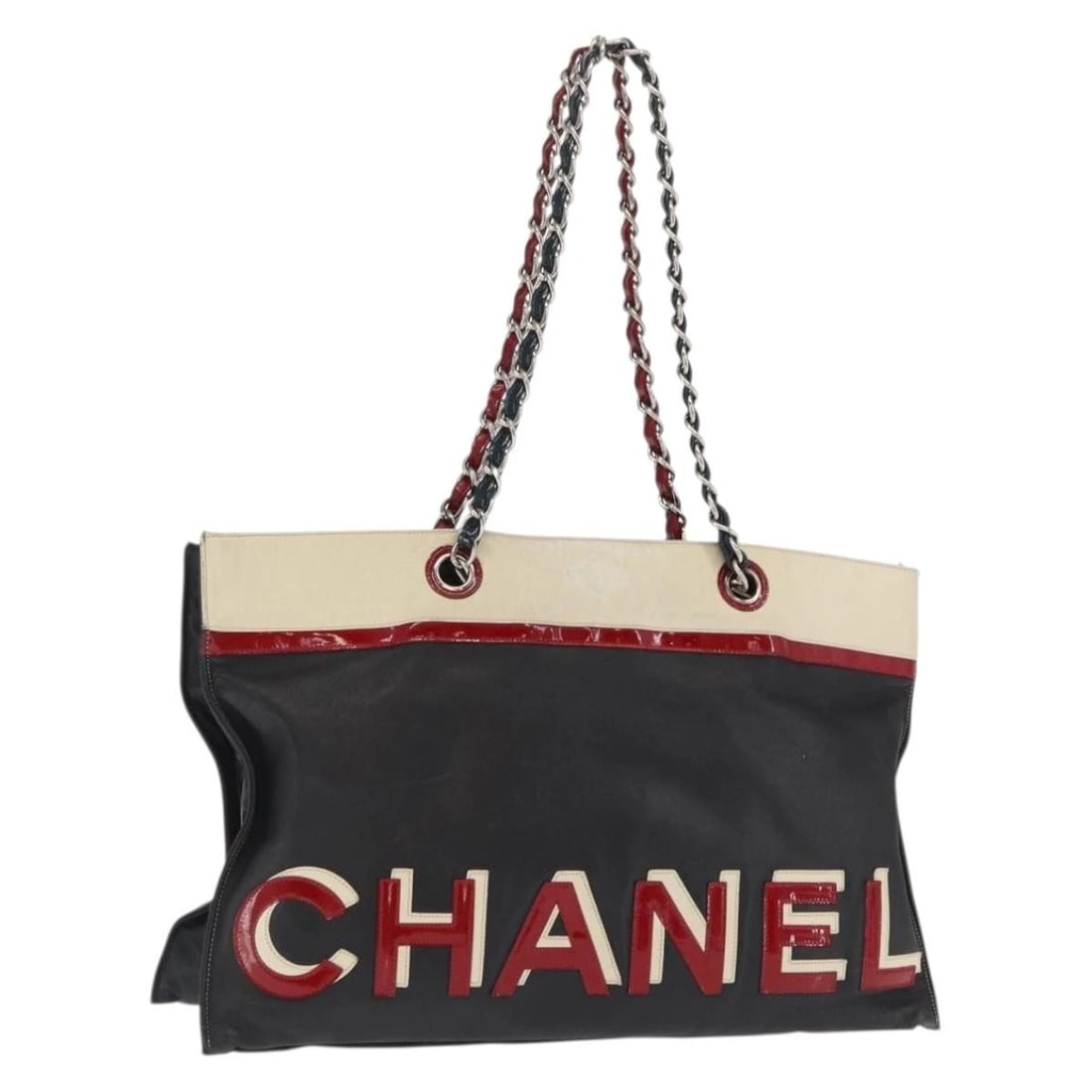 CHANEL CHAIN TOTE BAG LEATHER BLACK SILVER: CHANEL Chain Tote Bag Leather Black Silver Brand: CHANEL Type: Tote Bag Material: Leather Color: Black/Silver Size: W15.7 x H9.8 x D0.8inch(Approx) Handle Drop:9.8inch(Approx) Accessories: None