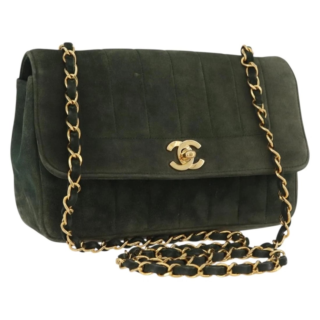 CHANEL MADEMOISELLE CHAIN SHOULDER BAG: CHANEL Mademoiselle Chain Shoulder Bag Brand: CHANEL Type: Shoulder Bag Material: Suede Color: Green/Gold Size: W8.7 x H5.9 x D2.4inch(Approx) Shoulder Drop:20.5inch(Approx) Accessories: None