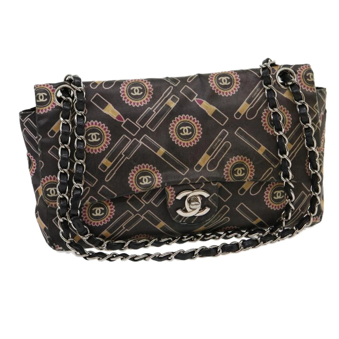 CHANEL LIP CHAIN TURN LOCK SHOULDER BAG: CHANEL Lip Chain Turn Lock Shoulder Bag Brand: CHANEL Type: Shoulder Bag Material: Satin Color: Black Size: W9.8 x H5.5 x D2.0inch(Approx) Shoulder Drop:8.7 - 15.4inch(Approx) Accessories: None