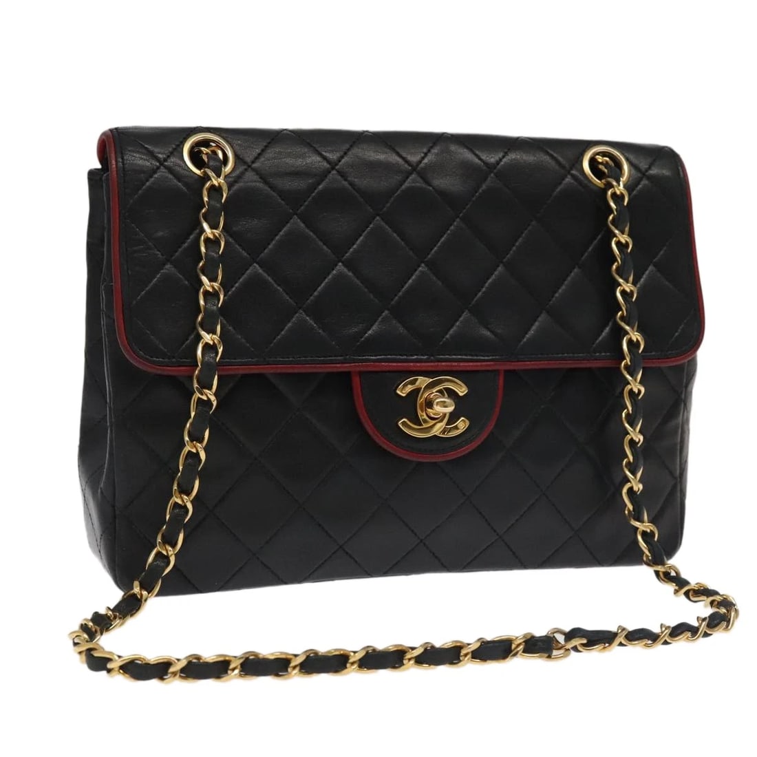 CHANEL MATELASSE TURN LOCK CHAIN BAG LAMB: CHANEL Matelasse Turn Lock Chain Bag Lamb Brand: CHANEL Type: Shoulder Bag Material: Lamb Skin Color: Black/Gold Size: W9.4 x H6.3 x D2.4inch(Approx) Shoulder Drop:10.2 - 18.1inch(Approx) Accesso