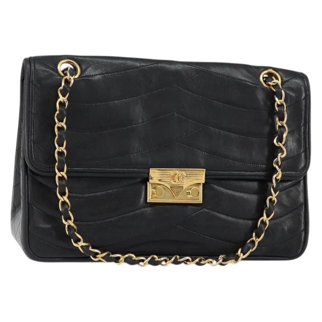 CHANEL CHAIN SHOULDER BAG LAMB SKIN BLACK: CHANEL Chain Shoulder Bag Lamb Skin Black Brand: CHANEL Type: Shoulder Bag Material: Lamb Skin Color: Black/Gold Size: W10.2 x H7.1 x D3.1inch(Approx) Shoulder Drop:8.3 - 15.0inch(Approx) Accesso