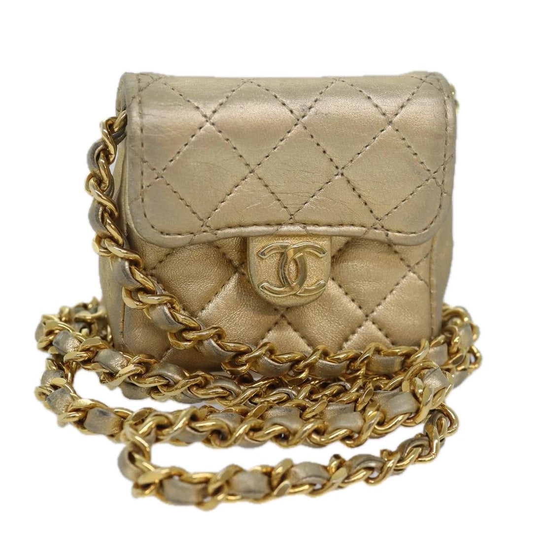 CHANEL MINI MATELASSE CHAIN SHOULDER BAG: CHANEL Mini Matelasse Chain Shoulder Bag Brand: CHANEL Type: Shoulder Bag Material: Lamb Skin Color: Gold Tone Size: W2.8 x H2.8 x D1.0inch(Approx) Shoulder Drop:19.7inch(Approx) Accessories: Non