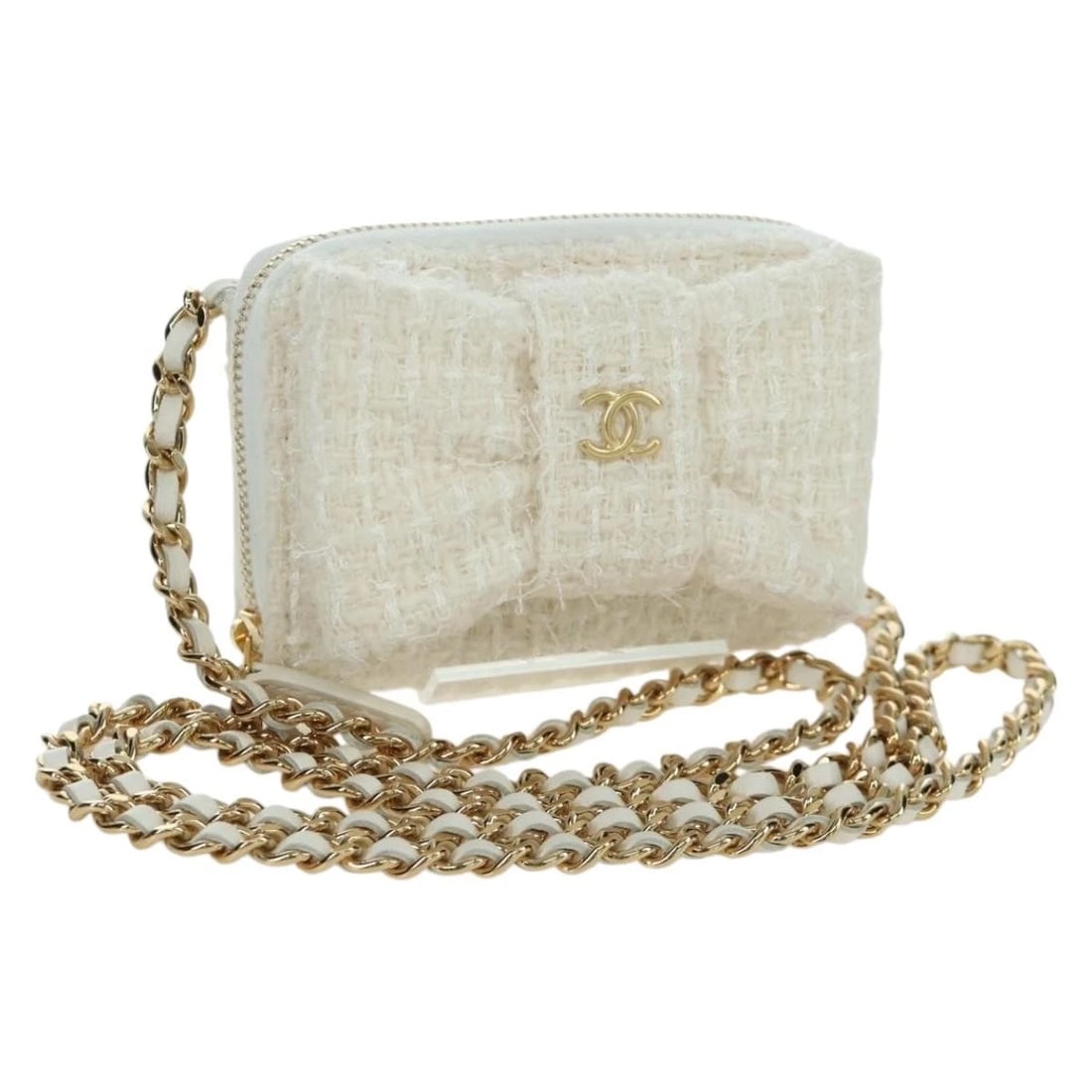 CHANEL CHAIN WALLET SHOULDER BAG TWEED WHITE GOLD: CHANEL Chain Wallet Shoulder Bag Tweed White Gold Brand: CHANEL Type: Shoulder Bag Material: Leather Color: White/Gold Size: W4.1 x H2.8 x D0.8inch(Approx) Shoulder Drop:23.6inch(Approx) Accessor