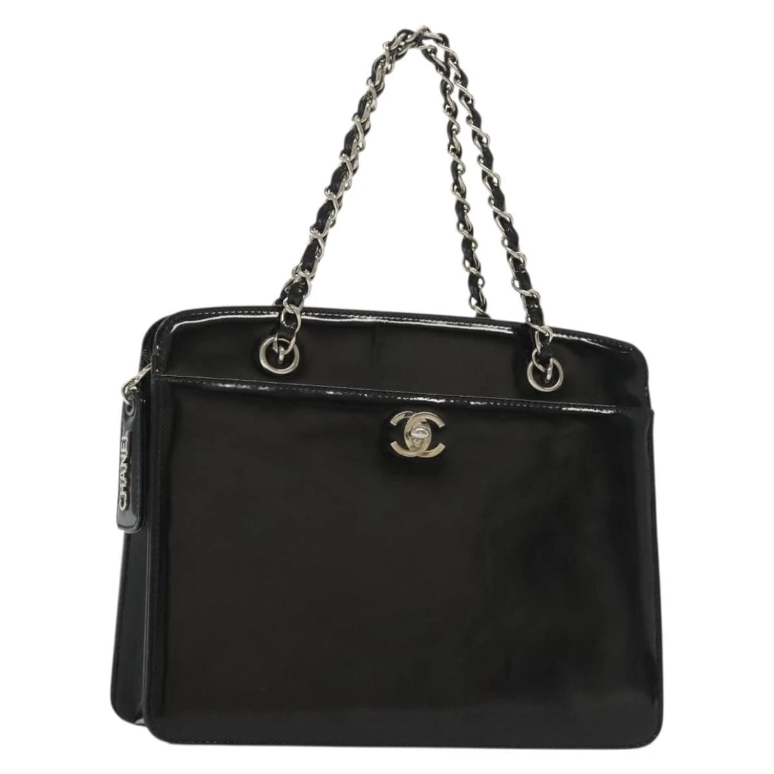 CHANEL CHAIN HAND BAG ENAMEL BLACK SILVER: CHANEL Chain Hand Bag Enamel Black Silver Brand: CHANEL Type: Hand Bag Material: Enamel Color: Black/Silver Size: W9.8 x H7.9 x D3.5inch(Approx) Handle:5.9inch(Approx) Accessories: None Ac