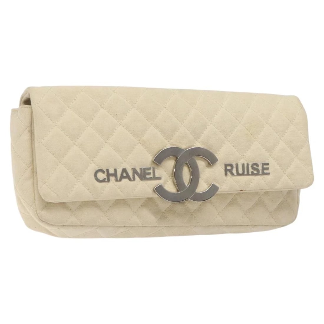 CHANEL CRUISE LINE MATELASSE CLUTCH BAG: CHANEL Cruise Line Matelasse Clutch Bag Brand: CHANEL Type: Clutch Bag Material: Canvas Color: Cream/Silver Size: W11.4 x H4.3 x D1.6inch(Approx) Shoulder Drop:15.7inch(Approx) Accessories: None