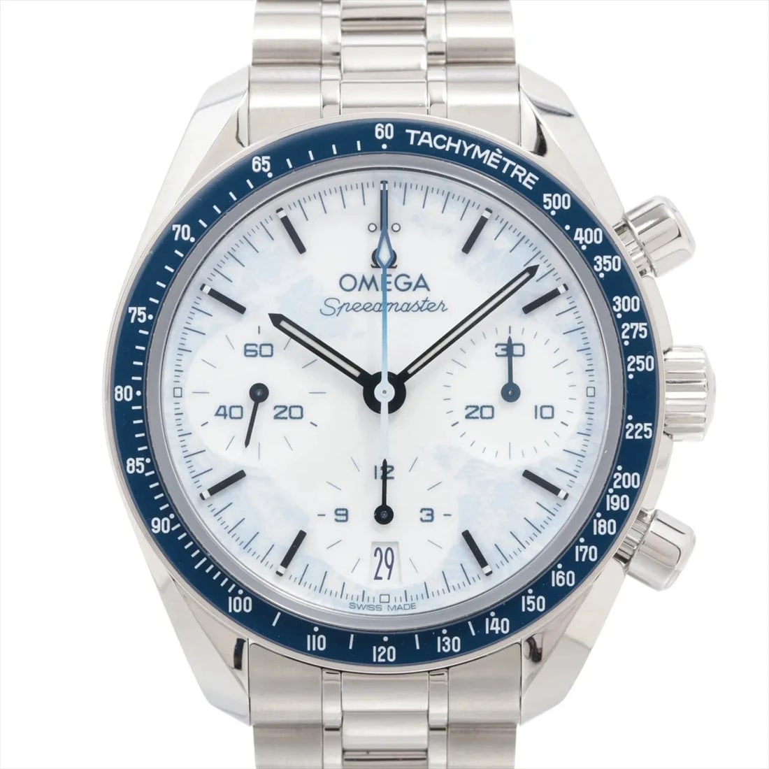 OMEGA SPEEDMASTER SS WHITE: Omega Speedmaster SS white Brand: Omega Type: Wristwatch Material: SS Color: Dial Color white Size: Case:W1.2 x H1.2inch / W38 x H38Circumference of Wrist:6.3inch / 16 Accessories: None Ac