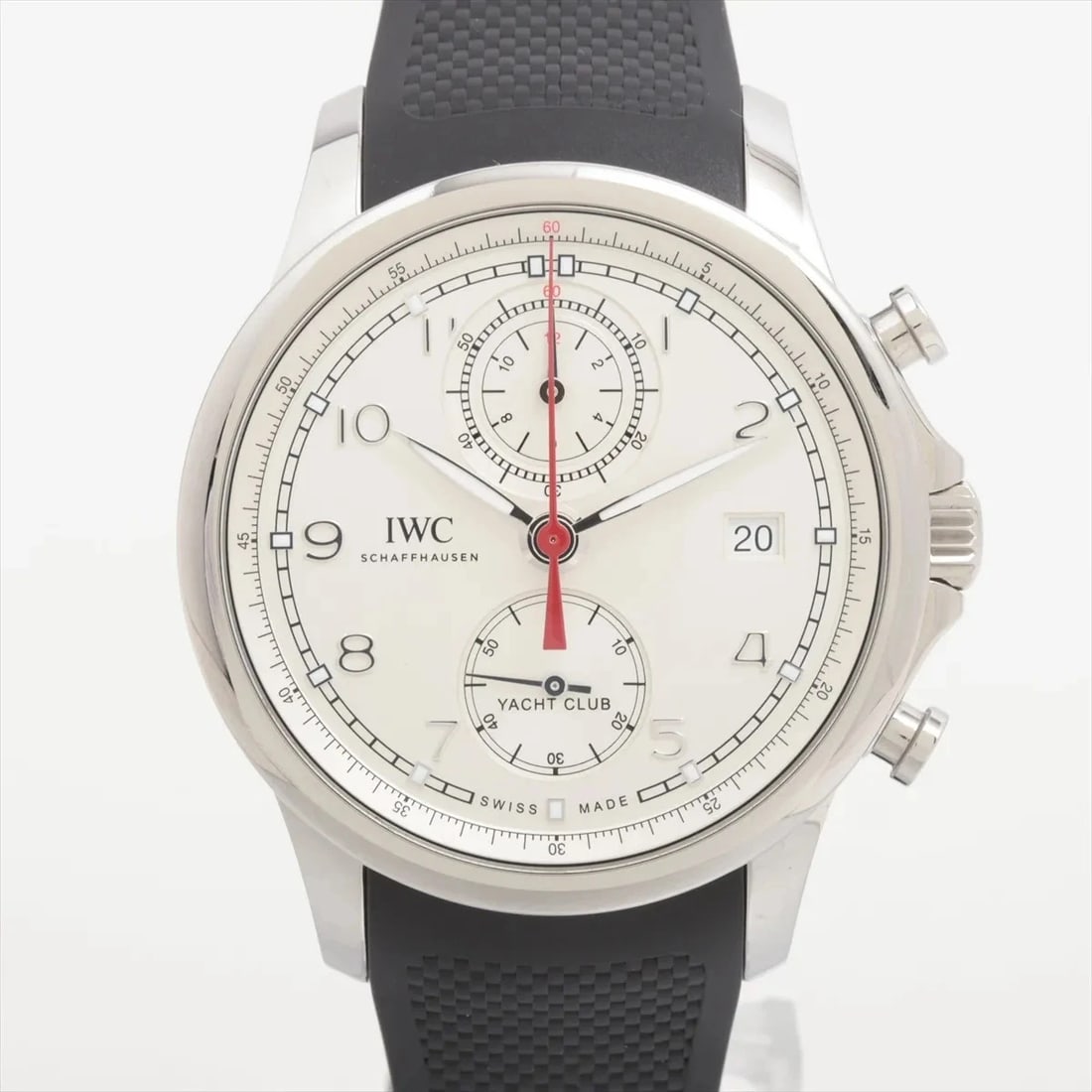 IWC PORTUGIESER SS & RUBBER SILVER: IWC Portugieser SS & Rubber Silver Brand: IWC Type: Wristwatch Material: SS & Rubber Color: Dial Color silver Size: Case:W1.6 x H1.6inch / W43 x H43 Circumference of Wrist:7.3inch / 18.5 Accessor