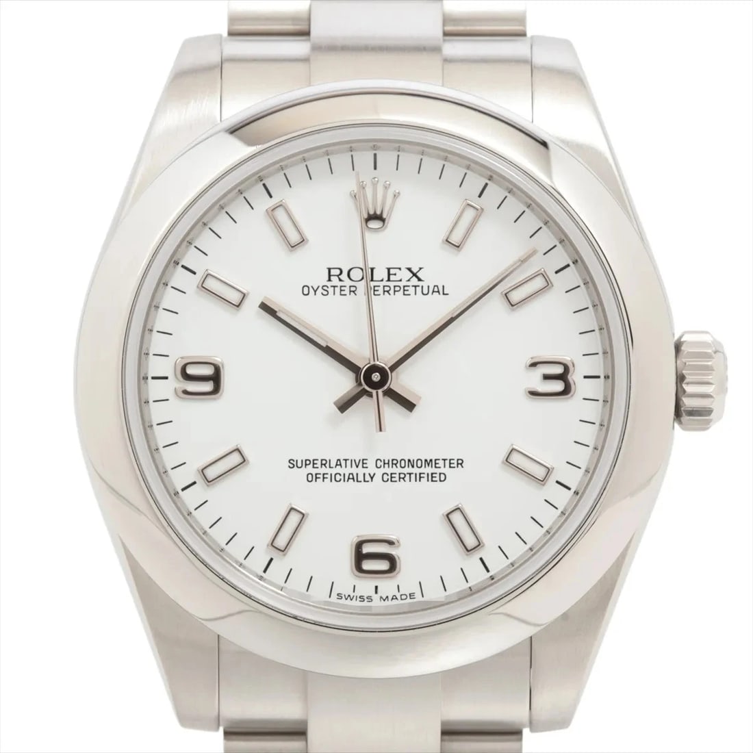 ROLEX OYSTER PERPETUAL SS WHITE: Rolex Oyster Perpetual SS white Brand: Rolex Type: Wristwatch Material: SS Color: Dial Color white Size: Case:W1.2 x H1.2inch / W31 x H31 Circumference of Wrist:6.9inch / 17.5 Accessories: None