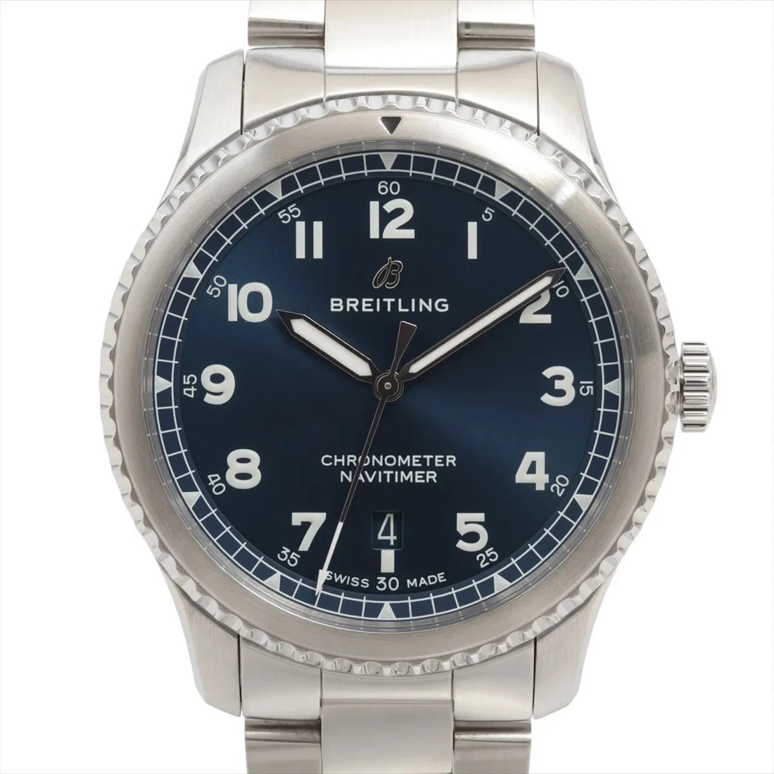 BREITLING NAVITIMER SS BLUE: Breitling Navitimer SS Blue Brand: Breitling Type: Wristwatch Material: SS Color: Dial Color blue Size: Case:W1.6 x H1.6inch / W41 x H41 Circumference of Wrist:7.9inch / 20 Accessories: None <