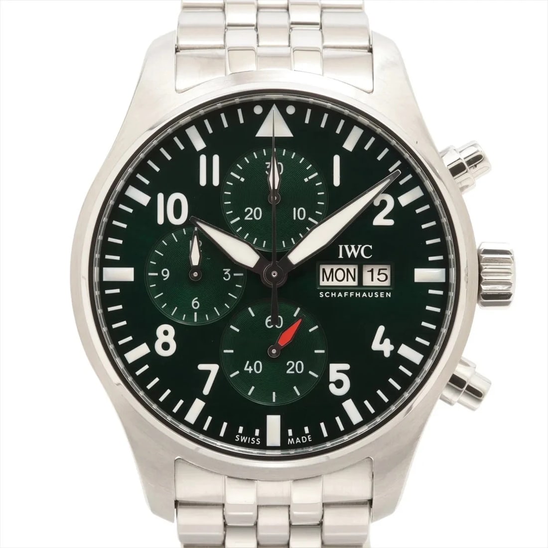 IWC PILOT WATCH CHRONOGRAPH SS GREEN: IWC Pilot Watch Chronograph SS Green Brand: IWC Type: Wristwatch Material: SS Color: Dial Color green Size: Case:W1.6 x H1.6inch / W43 x H43 Circumference of Wrist:6.7inch / 17 Accessories: