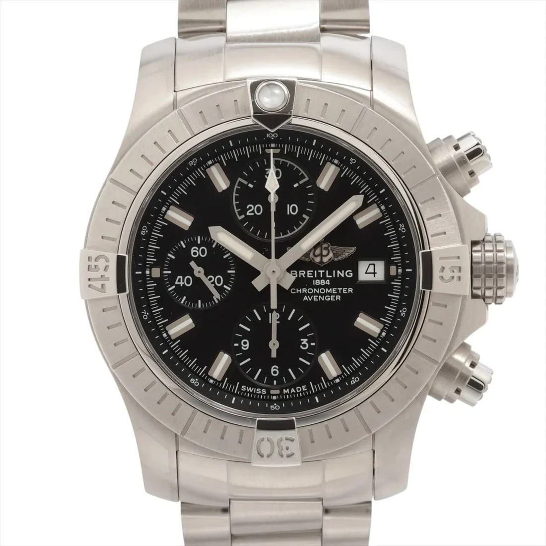 BREITLING AVENGER CHRONOGRAPH SS BLACK: Breitling Avenger Chronograph SS black Brand: Breitling Type: Wristwatch Material: SS Color: Dial Color black Size: Case:W1.6 x H1.6inch / W42 x H42 Circumference of Wrist:8.1inch / 20.5 