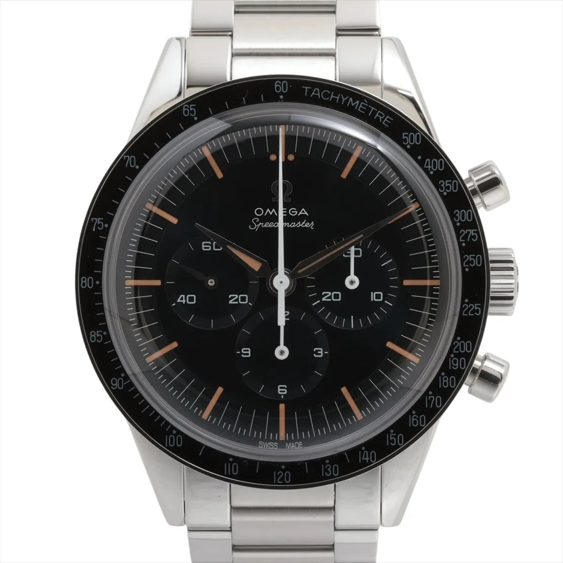 OMEGA SPEEDMASTER SS: Omega Speedmaster SS Brand: Omega Type: Wristwatch Material: SS Color: Dial Color black Size: Case:W1.2 x H1.2inch / W39.7 x H39.7 Circumference of Wrist:7.3inch / 18.5 Accessories: None