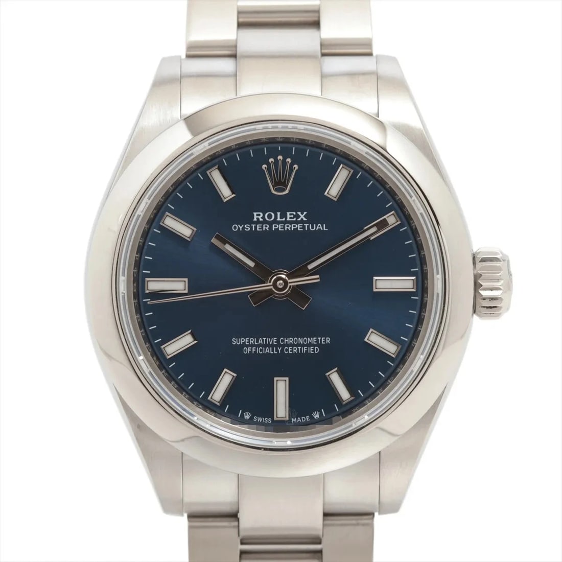 ROLEX OYSTER PERPETUAL SS BLUE: Rolex Oyster Perpetual SS Blue Brand: Rolex Type: Wristwatch Material: SS Color: Dial Color blue Size: Case:W0.8 x H0.8inch / W28 x H28 Circumference of Wrist:6.5inch / 16.5 Accessories: None