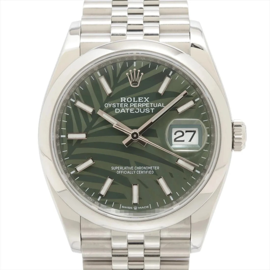 ROLEX DATEJUST SS OLIVE GREEN: Rolex DATEJUST SS olive green Brand: Rolex Type: Wristwatch Material: SS Color: Dial Color olive green palm motif Size: Case:W1.2 x H1.2inch / W36 x H36 Circumference of Wrist:6.7inch / 17 