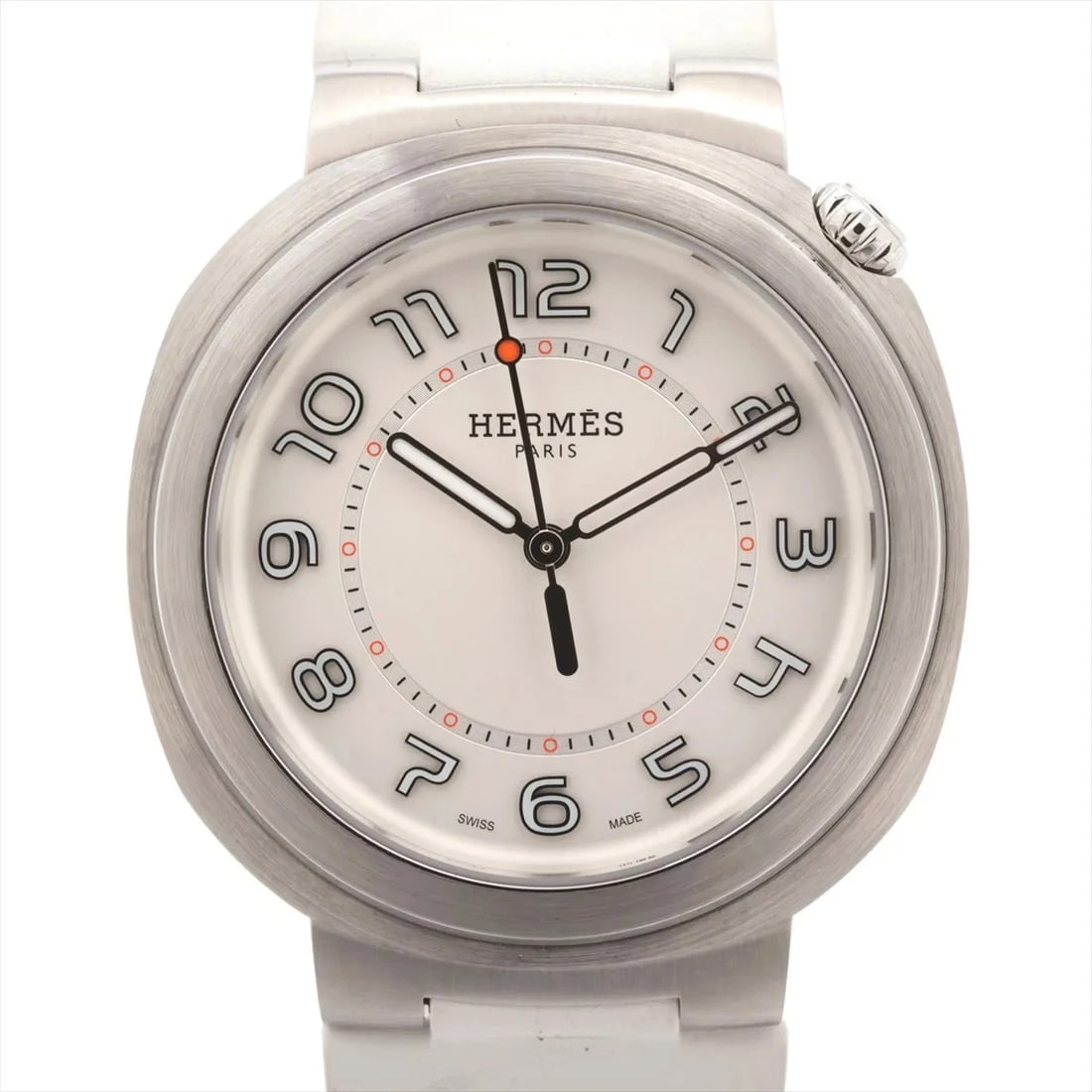HERMÈS SS & RUBBER WHITE: Hermès SS & Rubber White Brand: Hermès Type: Wristwatch Material: SS & Rubber Color: Dial Color white Size: Case:W1.2 x H1.2inch / W34 x H34Circumference of Wrist:6.5inch / 16.5 