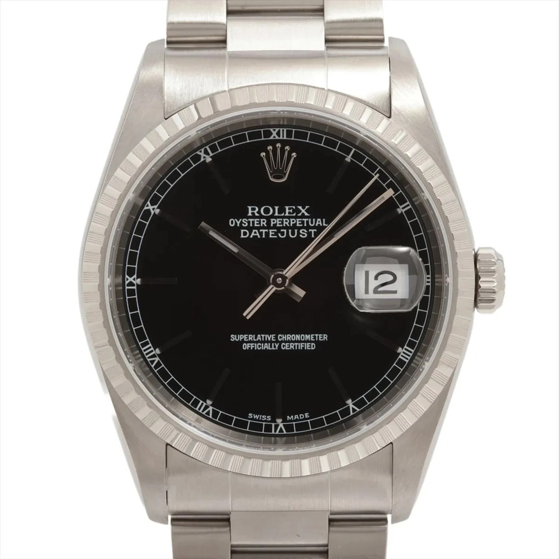 ROLEX DATEJUST SS BLACK: Rolex DATEJUST SS Black Brand: Rolex Type: Wristwatch Material: SS Color: Dial Color black Size: Case:W1.2 x H1.2inch / W36 x H36 Circumference of Wrist:7.5inch / 19 Accessories: None