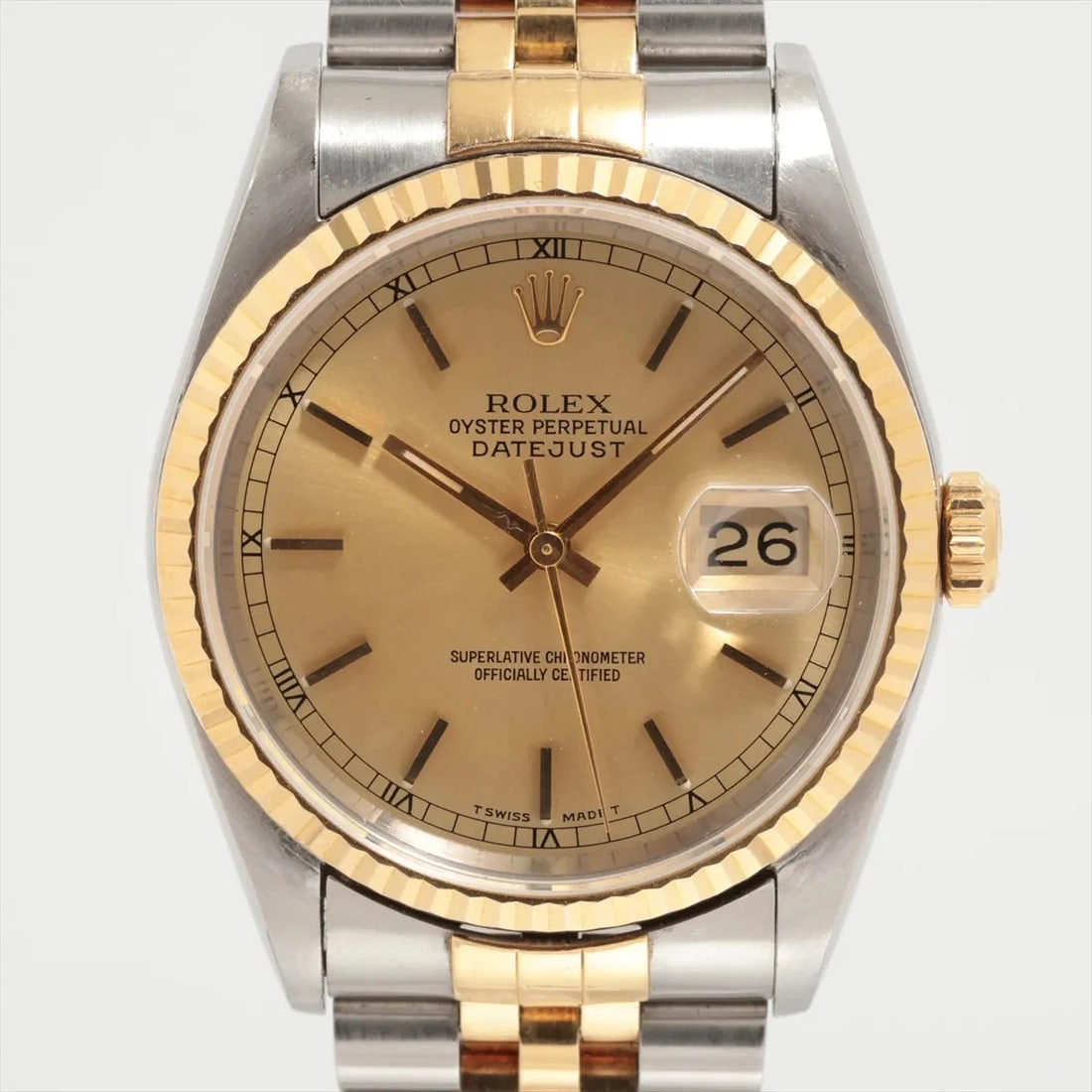 ROLEX DATEJUST SS×YG CHAMPAGNE: Rolex DATEJUST SS×YG Champagne Brand: Rolex Type: Wristwatch Material: SS×YG Color: Dial Color champagne Size: Case:W1.2 x H1.2inch / W36 x H36Circumference of Wrist:6.9inch / 17.5 Accessories: