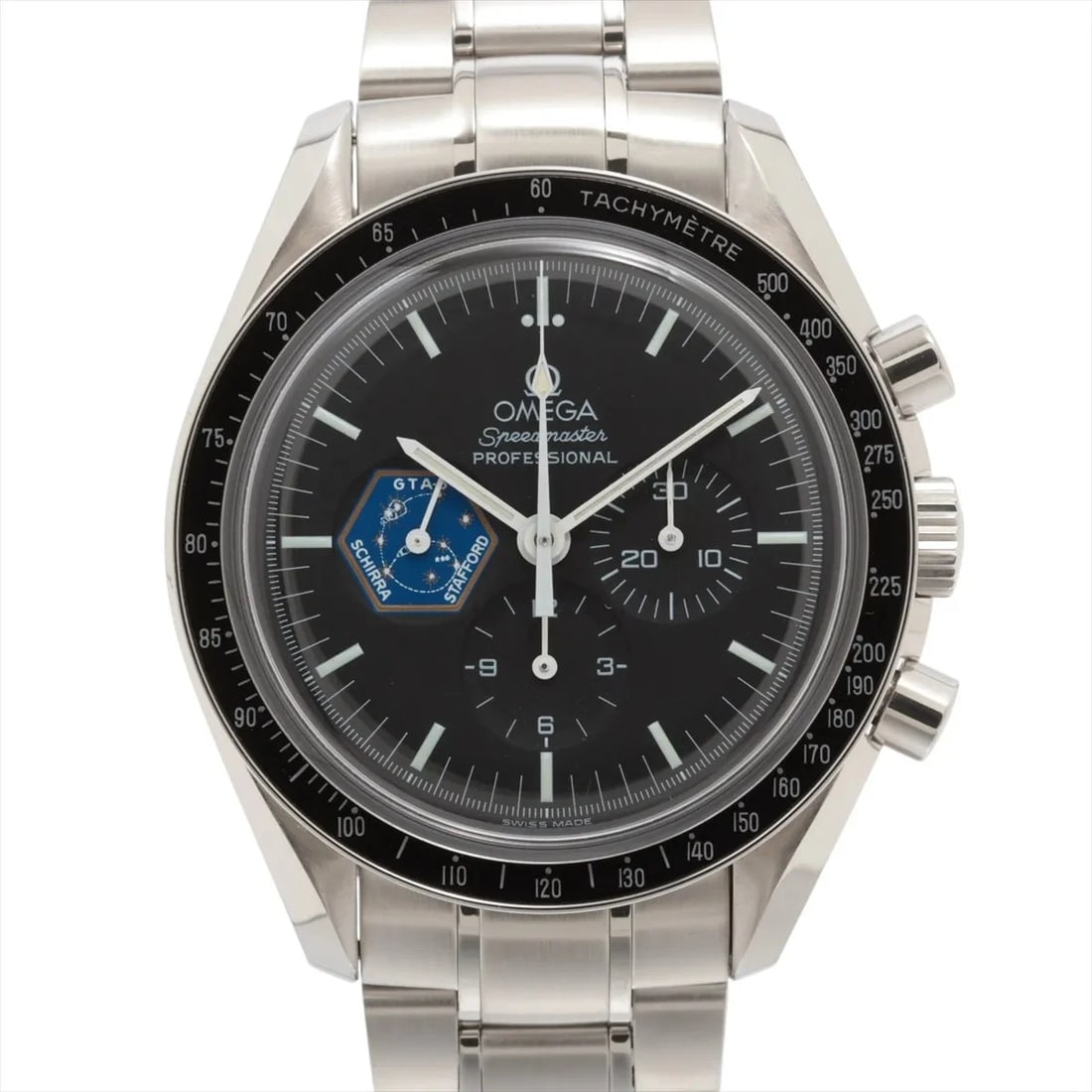 OMEGA SPEEDMASTER SS BLACK: Omega Speedmaster SS black Brand: Omega Type: Wristwatch Material: SS Color: Dial Color black Size: Case:W1.6 x H1.6inch / W40 x H40 Circumference of Wrist:7.9inch / 20 Accessories: None