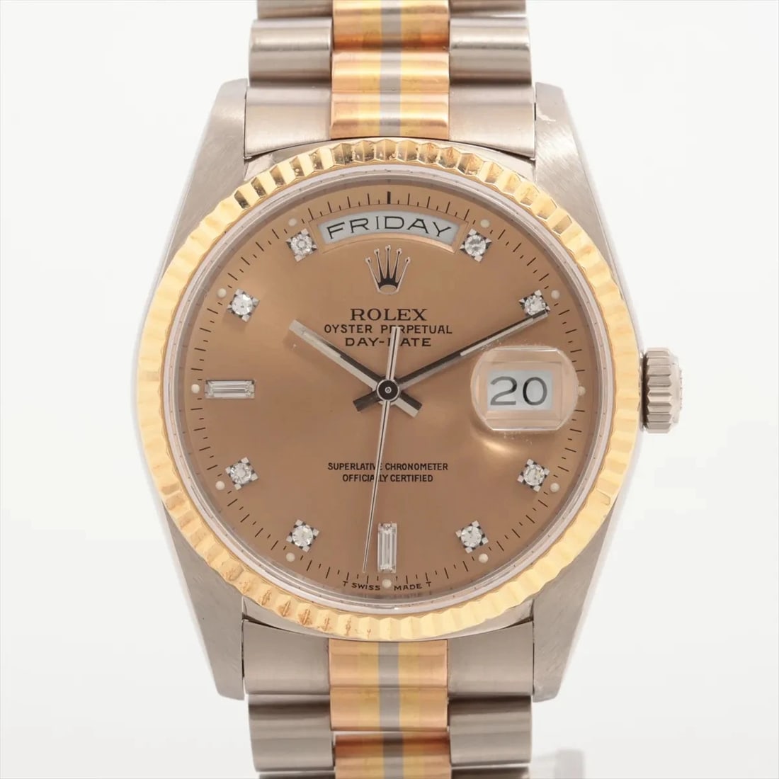 ROLEX PG×WG×YG CHAMPAGNE: Rolex PG×WG×YG Champagne Brand: Rolex Type: Wristwatch Material: WG×YG×PG Color: Dial Color champagne Size: Case:W1.2 x H1.2inch / W36 x H36Circumference of Wrist:6.5inch / 16.5 
