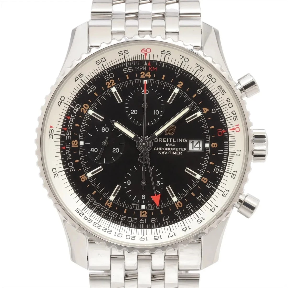 BREITLING NAVITIMER CHRONOGRAPH SS BLACK: Breitling Navitimer Chronograph SS black Brand: Breitling Type: Wristwatch Material: SS Color: Dial Color black Size: Case:W1.6 x H1.6inch / W46 x H46 Circumference of Wrist:8.1inch / 20.5 Access