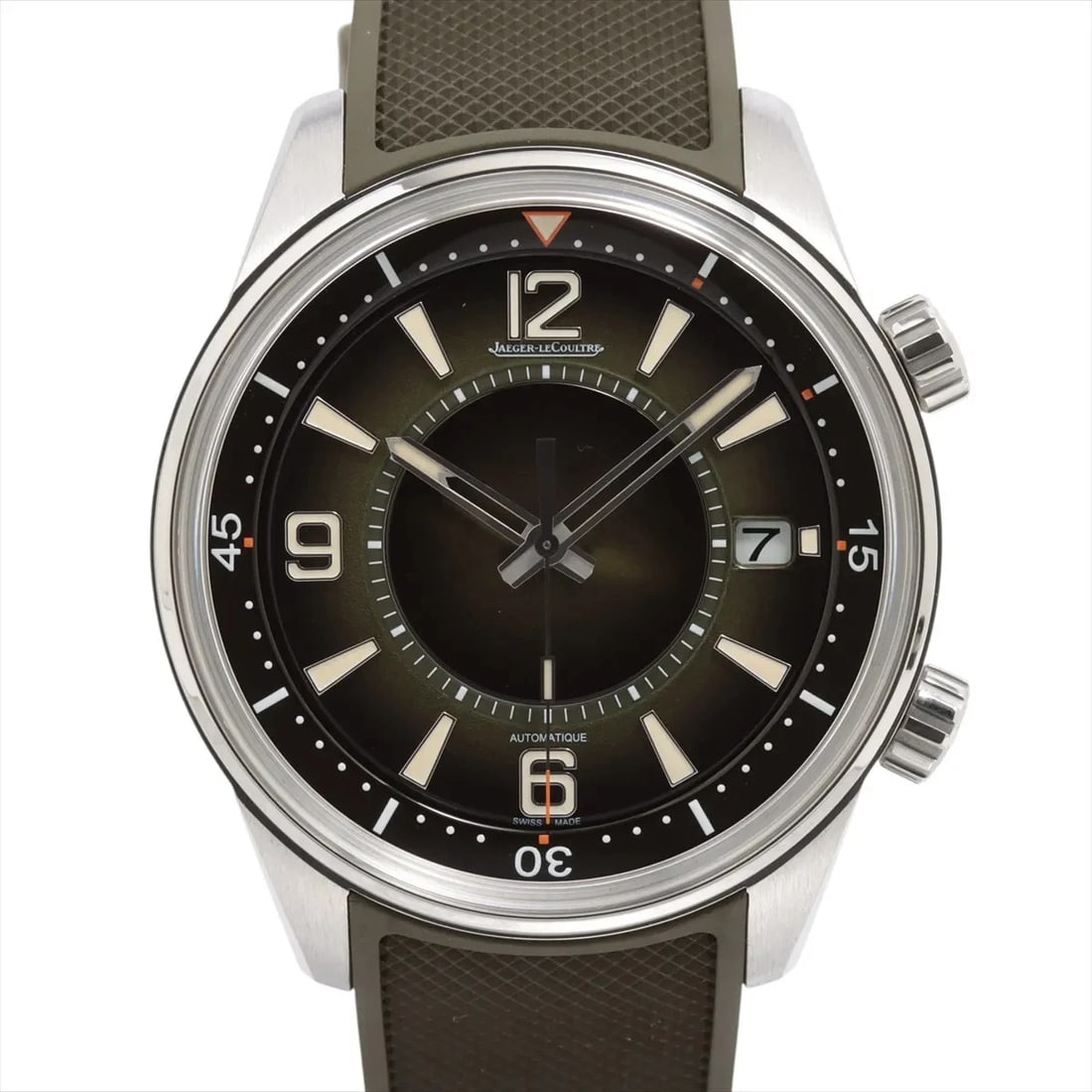 JAEGER LECOULTRE POLARIS SS & RUBBER GREEN: Jaeger LeCoultre Polaris SS & Rubber Green Brand: Jaeger-LeCoultre Type: Wristwatch Material: SS & Rubber Color: Dial Color green Size: Case:W1.6 x H1.6inch / W42 x H42 Circumference of Wrist:8.3i