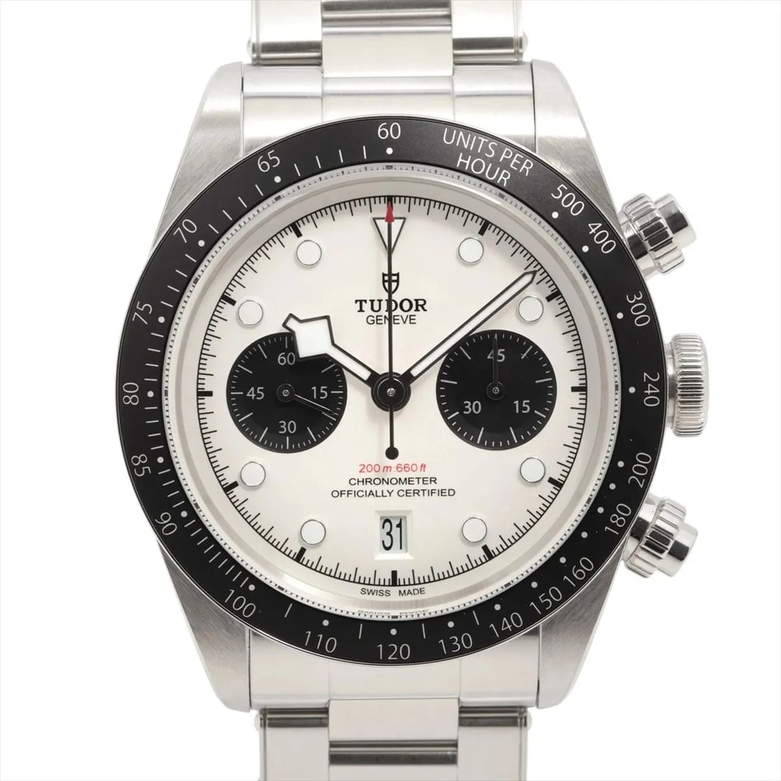 TUDOR BLACK CHRONO SS SILVER: Tudor Black Chrono SS SilveR Brand: Tudor Type: Wristwatch Material: SS Color: Dial Color Silver Size: Case:W1.6 x H1.6inch / W41 x H41 Circumference of Wrist:8.3inch / 21 Accessories: None