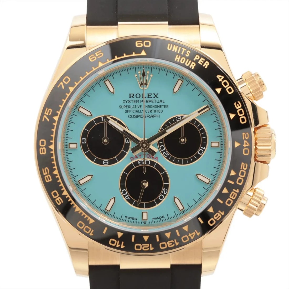 ROLEX COSMOGRAPH YG TURQUOISE: Rolex Cosmograph YG Turquoise Brand: Rolex Type: Wristwatch Material: YG & rubber Color: Dial Color Turquoise Size: Case:W1.2 x H1.2inch / W39 x H39 Circumference of Wrist:6.0inch / 15.3 Accessor