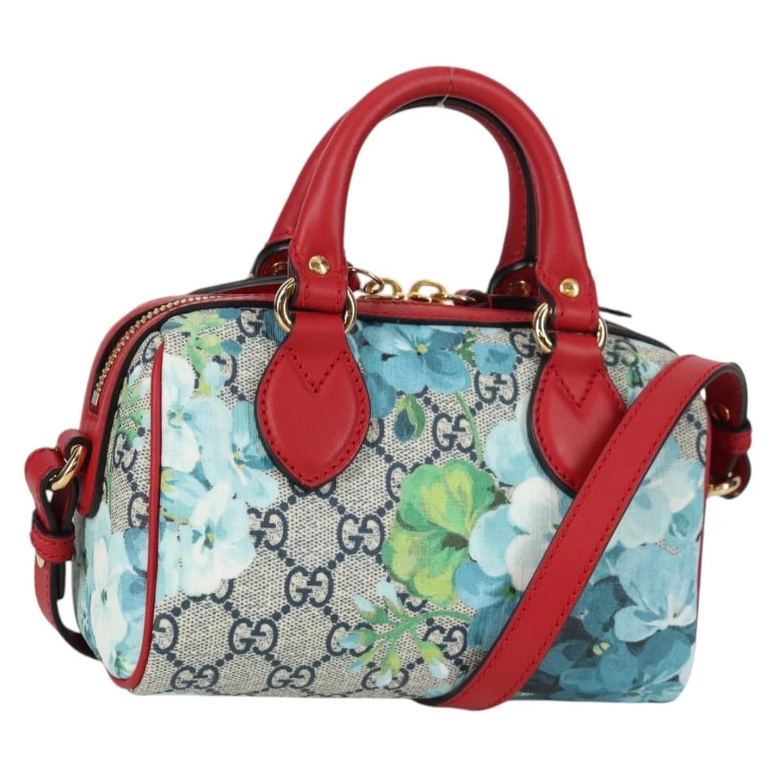 GUCCI GG BLOOMS HAND BAG PVC 2WAY RED NAVY: GUCCI GG Blooms Hand Bag PVC 2way Red Navy Brand: GUCCI Type: Hand Bag Material: PVC Leather/GG Canvas Color: Red/Navy Size: W7.1 x H3.9 x D3.5inch(Approx) Handle:3.1inch(Approx) Accessories: Non