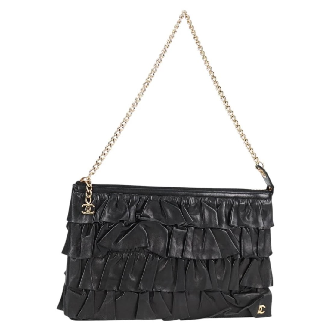 CHANEL CHAIN GATHERED HAND BAG LAMB SKIN BLACK: CHANEL Chain Gathered Hand Bag Lamb Skin Black Brand: CHANEL Type: Hand Bag Material: Lamb Skin Color: Black/Gold Size: W9.8 x H6.3 x D0.6inch(Approx) Handle Drop:9.4inch(Approx) Accessories: Non